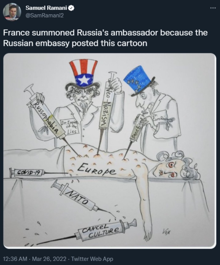 塞缪尔·拉马尼：因为俄使馆发的这幅卡通画，法国召唤俄大使抗议